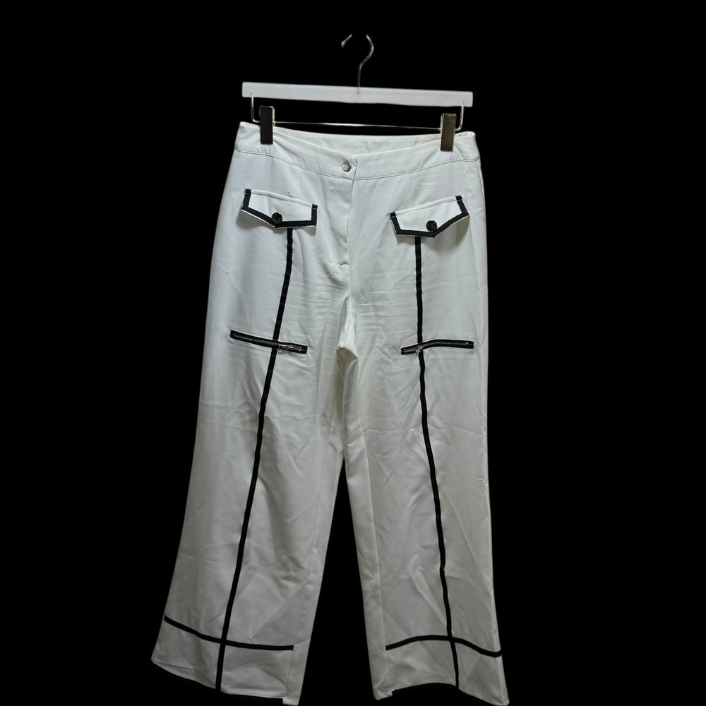 White Wide Leg Trousers Black Ribbon Trim Nautical Gold Zipper Detail Pants L